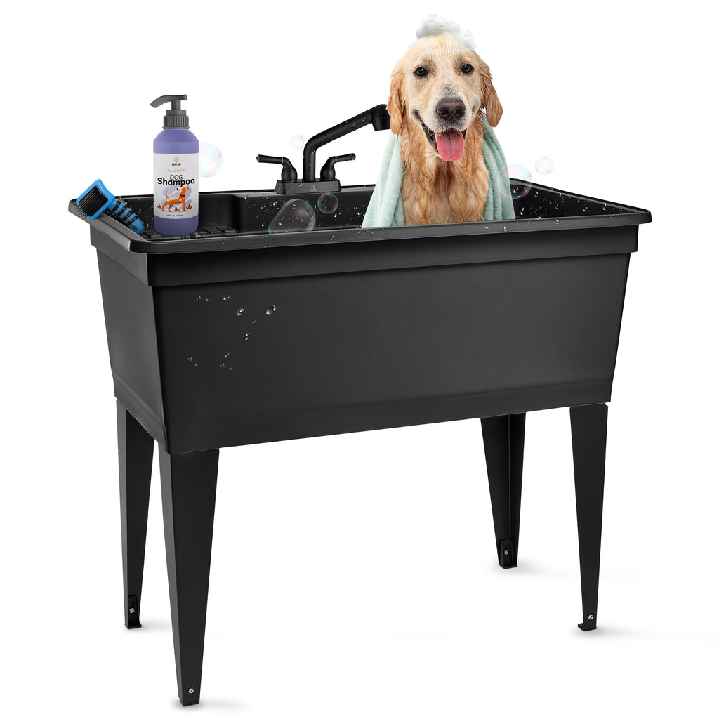 Tehila Freestanding Double-Wide Black Utility Sink with Steel Legs & Black Pull-Out Faucet, Multi-Purpose Heavy-Duty Laundry Tub and Kitchen Sink for Homes & Business