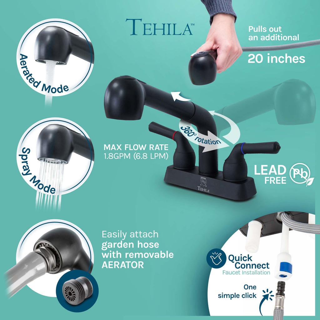 Tehila Freestanding Double-Wide Black Utility Sink with Steel Legs & Black Pull-Out Faucet, Multi-Purpose Heavy-Duty Laundry Tub and Kitchen Sink for Homes & Business