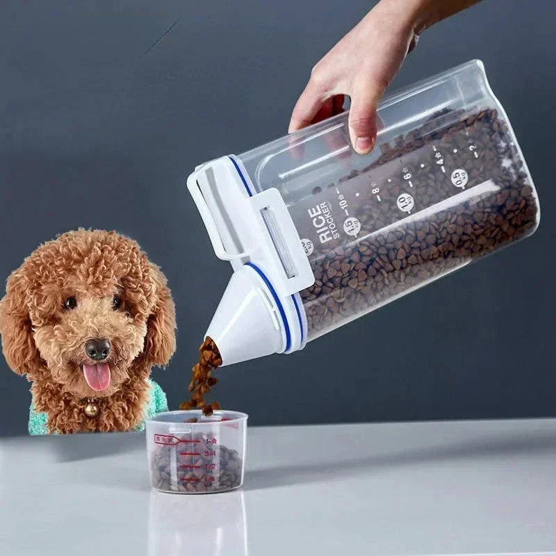 Airtight Pet Food Storage Container with Measuring Cup – 1.5kg/2kg Plastic Dog & Cat Food Pail, Moisture-Proof Sealed Jar